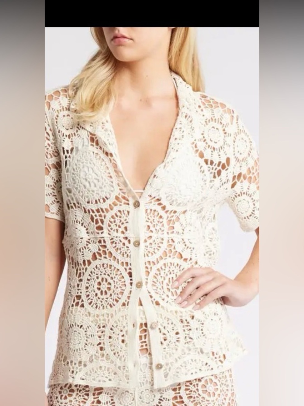 Nasty Gal Cream Premium Crochet Resort Button-Front Shirt